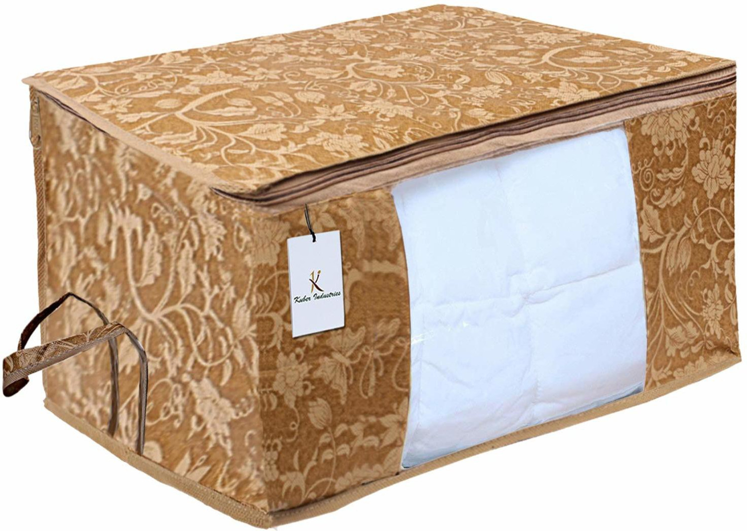 Image of KUBER INDUSTRIES Designer Metalic Printed 2 Piece Non Woven Fabric Underbed Storage Bag,Cloth Organiser,Blanket Cover with Transparent Window, Beige & Red -CTKTC41046 041046