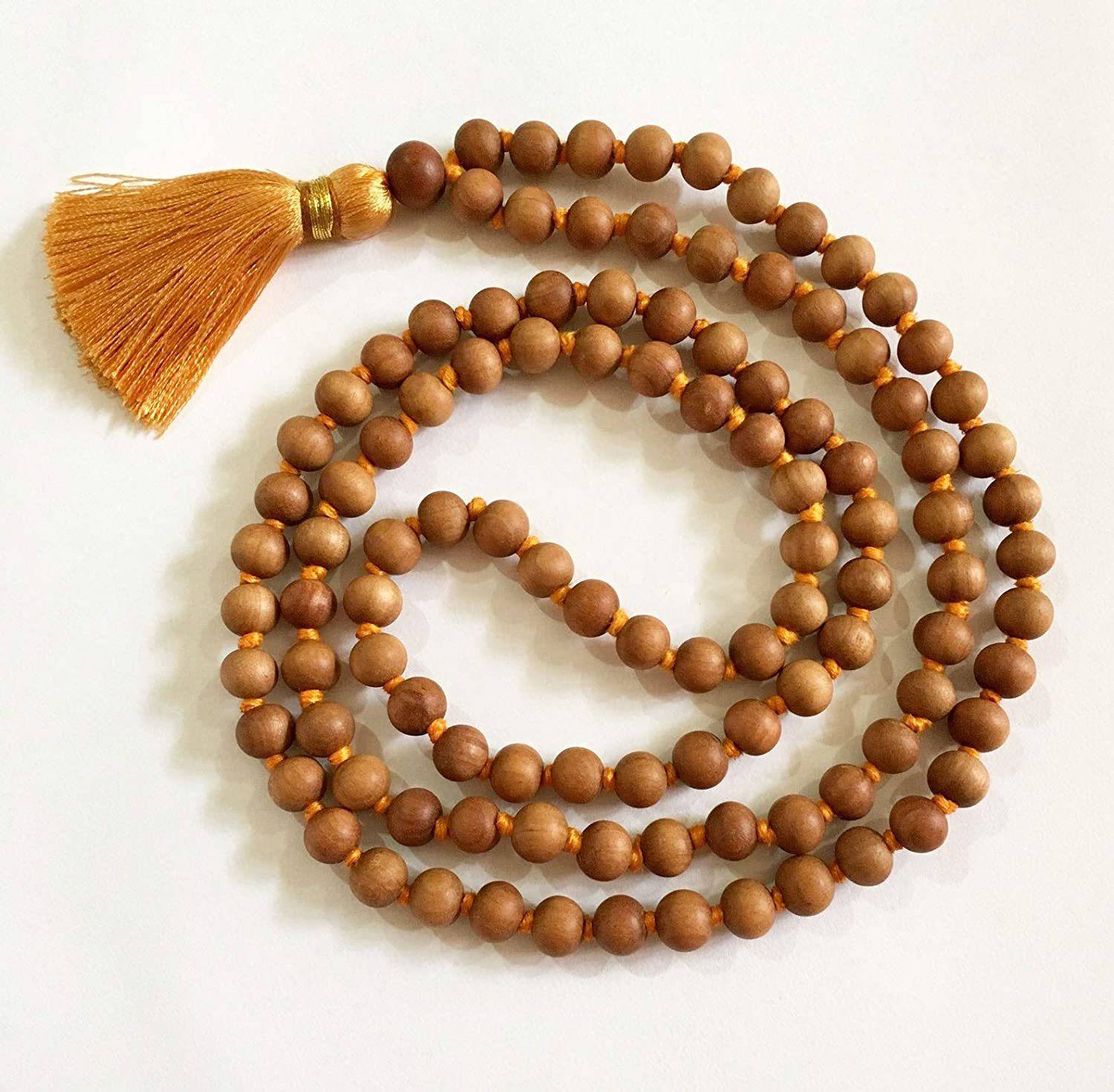ALPHANOT Laboratory Certified Sandalwood Rosary/Chandan mala 108 Beads (7mm) - Light Brown Color - Chandan - Pack of 1 Wood Chain
