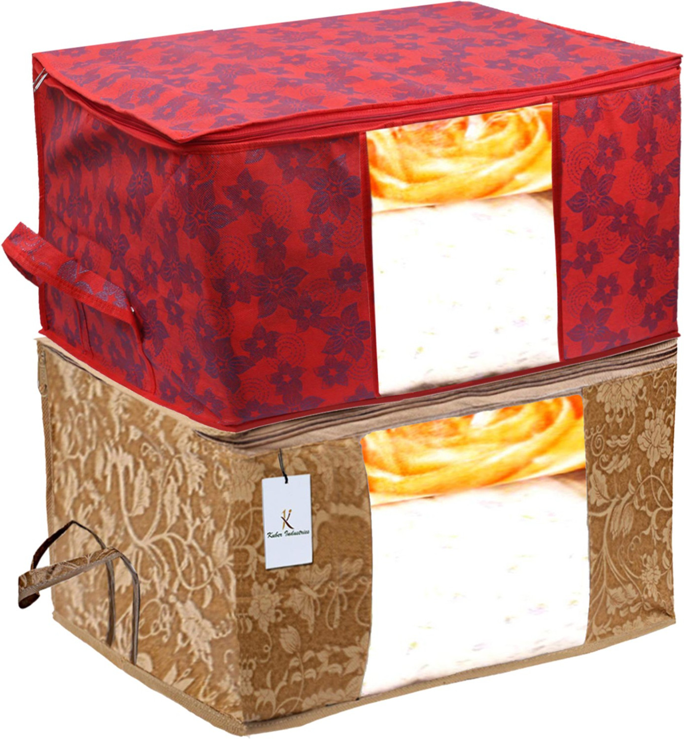 Image of KUBER INDUSTRIES Designer Metalic Printed 2 Piece Non Woven Fabric Underbed Storage Bag,Cloth Organiser,Blanket Cover with Transparent Window, Beige & Red -CTKTC41046 041046