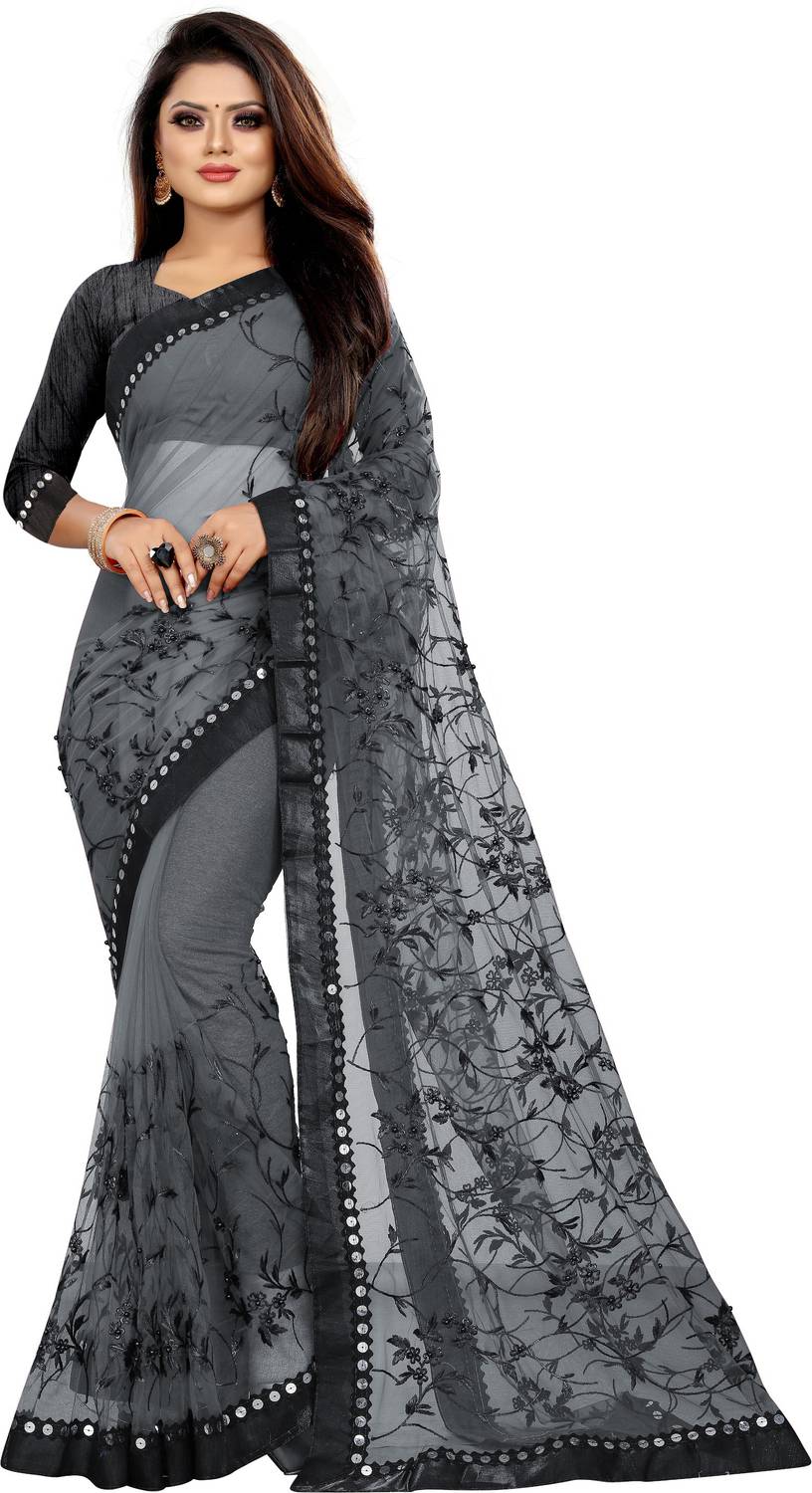 Matangi Exporter Embroidered Bollywood Net Saree (Grey)