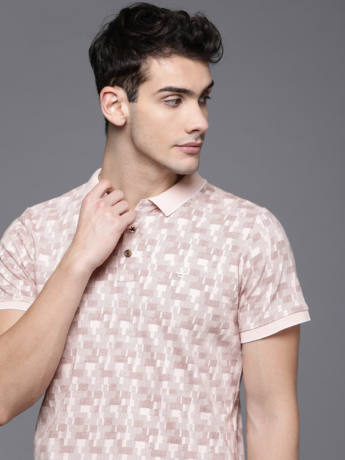Image of WROGN Printed Men Polo Neck Pink T-Shirt