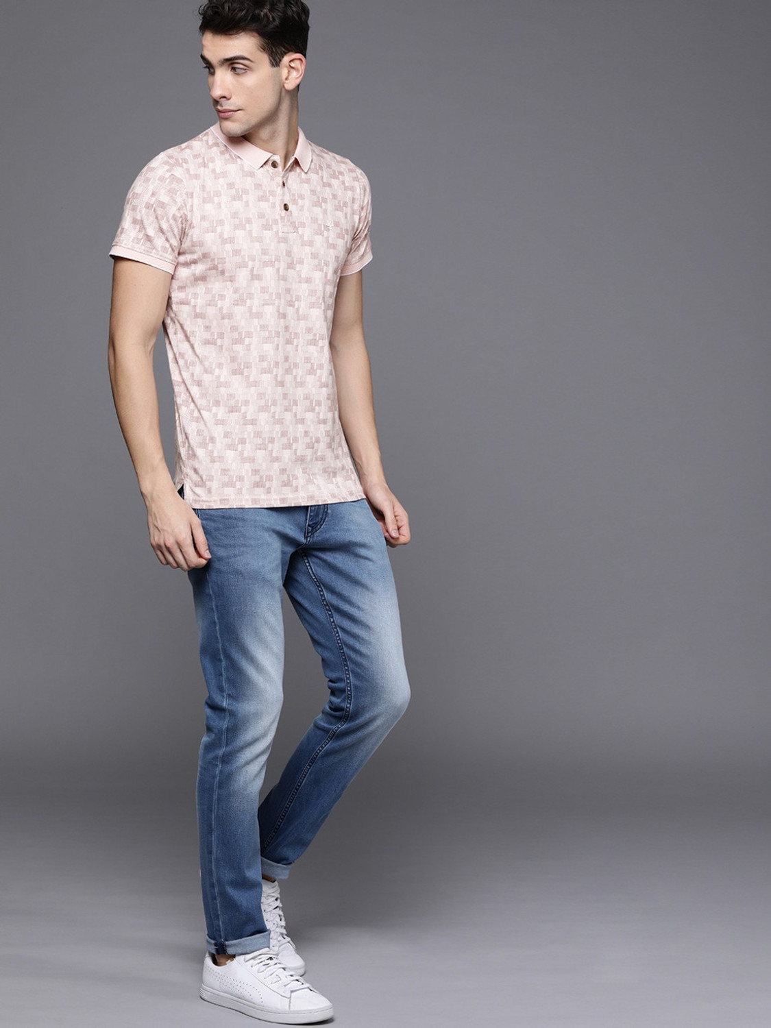 Image of WROGN Printed Men Polo Neck Pink T-Shirt