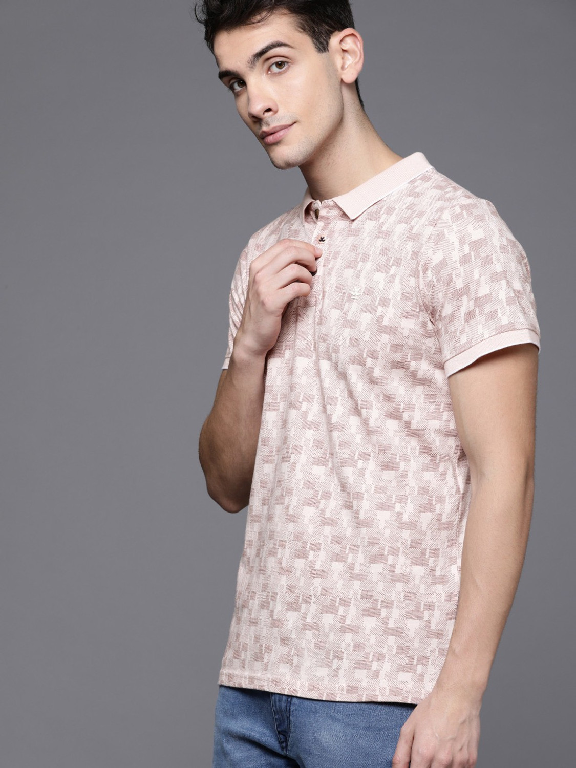 Image of WROGN Printed Men Polo Neck Pink T-Shirt