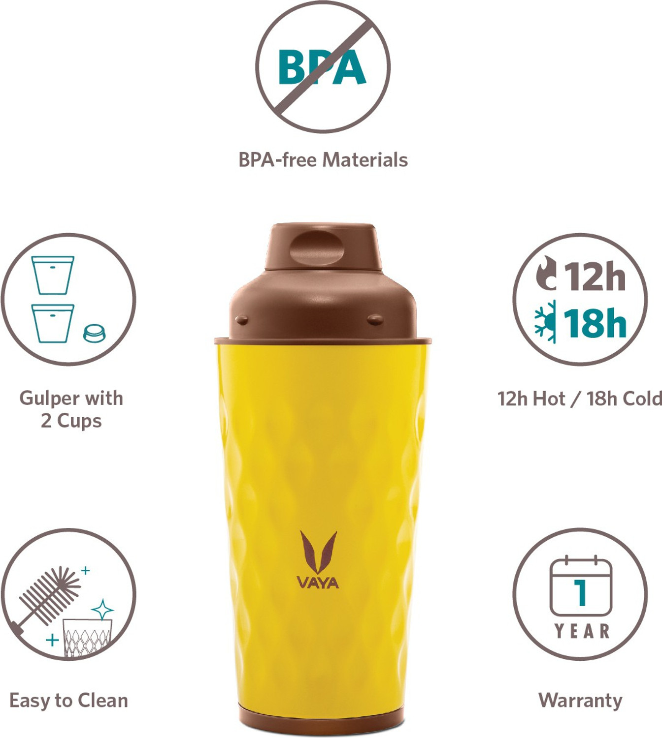 Image of Vaya Drynk Yellow Insulated Stainless Steel Thermos Flask with Gulper Lid & 2 Cups - 350 ml Steel Flask