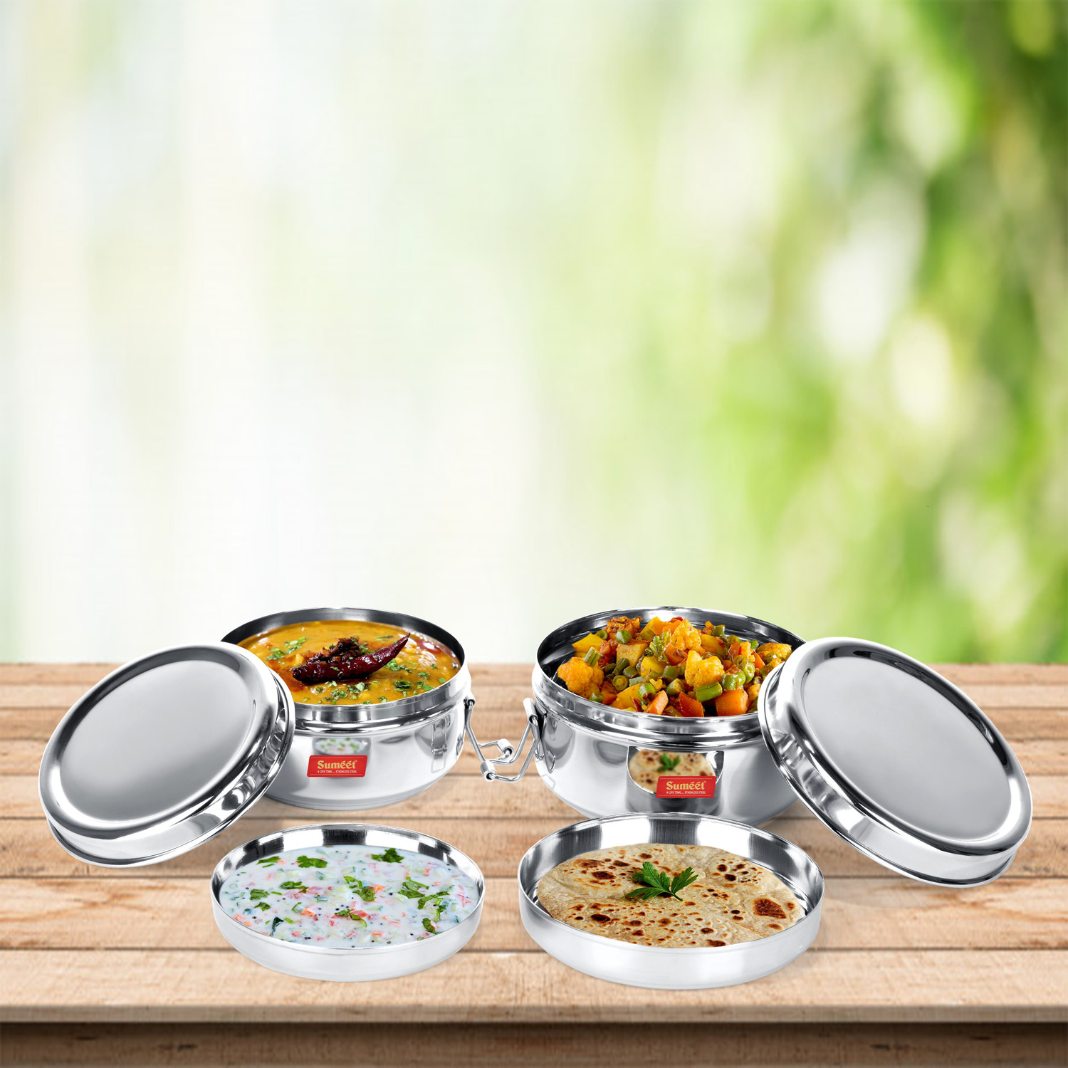 Image of Sumeet Stainless Steel Food Pack Lunch Box with Steel Separator Plate and Locking Clip, Set of 2Pc, 500ML & 650ML Capacity 2 Containers Stainless Steel Office Lunch Box