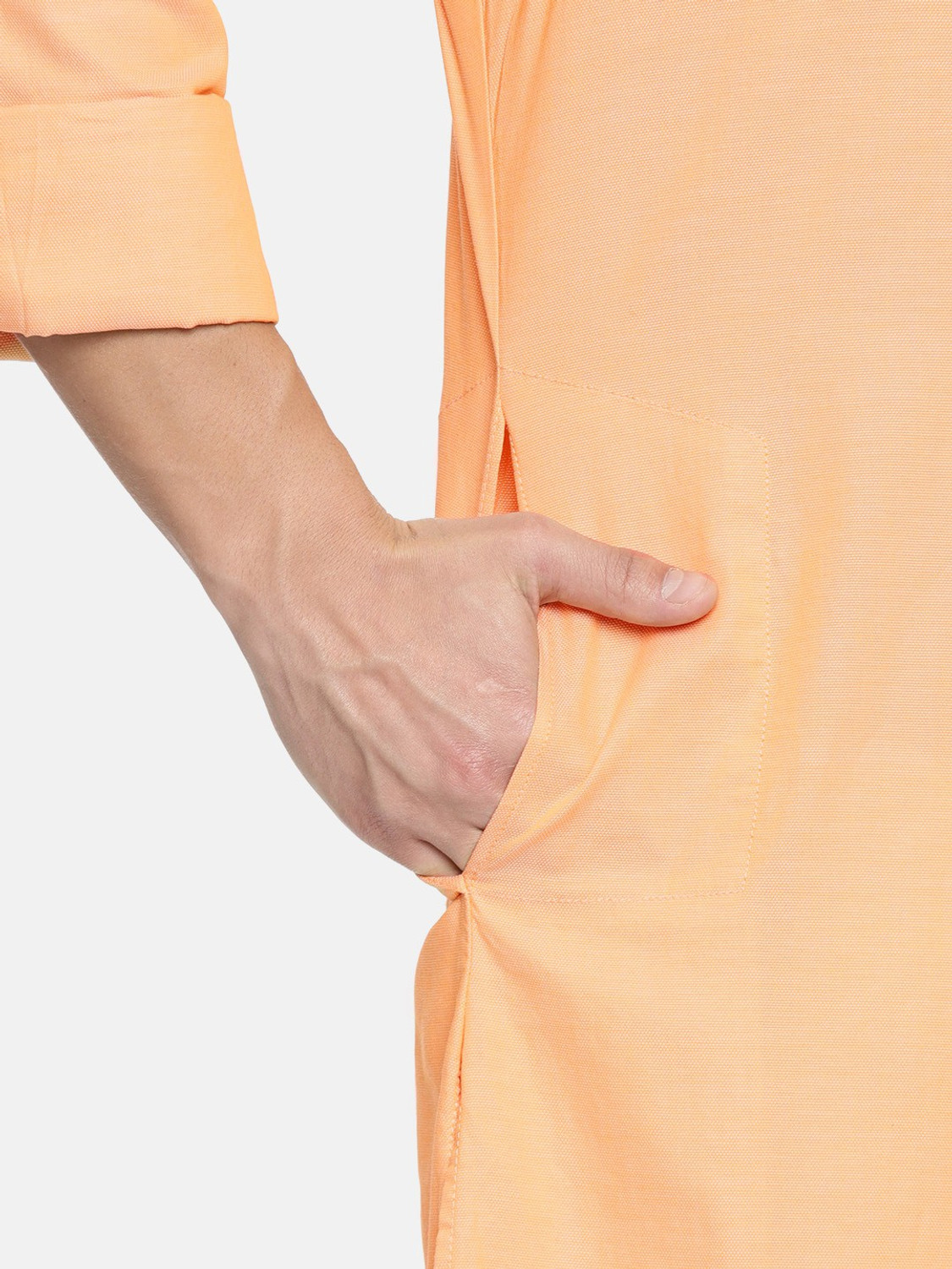 Image of Freehand Solid Pure Cotton Asymmetric Kurta for Men (Yellow)