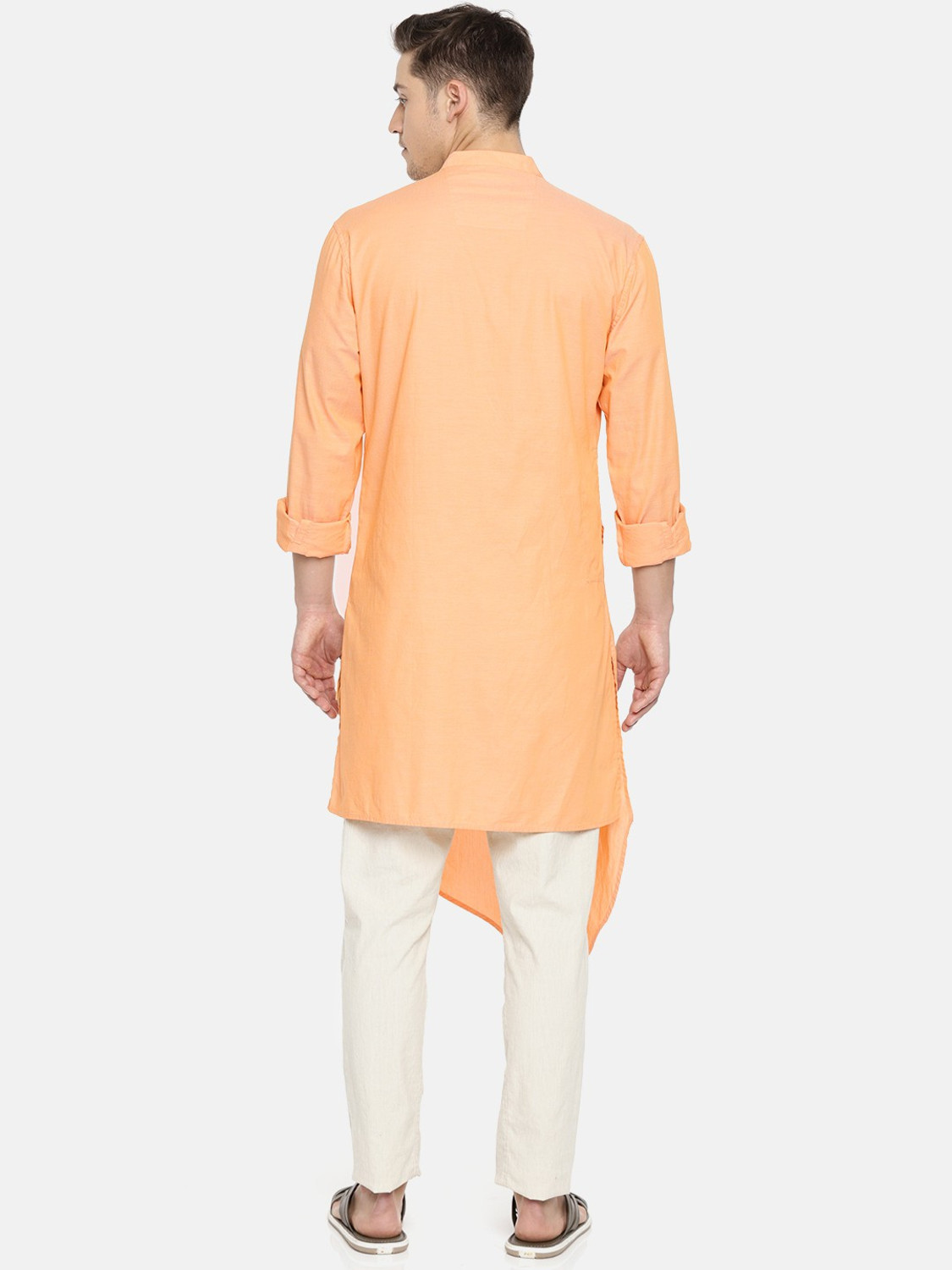 Image of Freehand Solid Pure Cotton Asymmetric Kurta for Men (Yellow)
