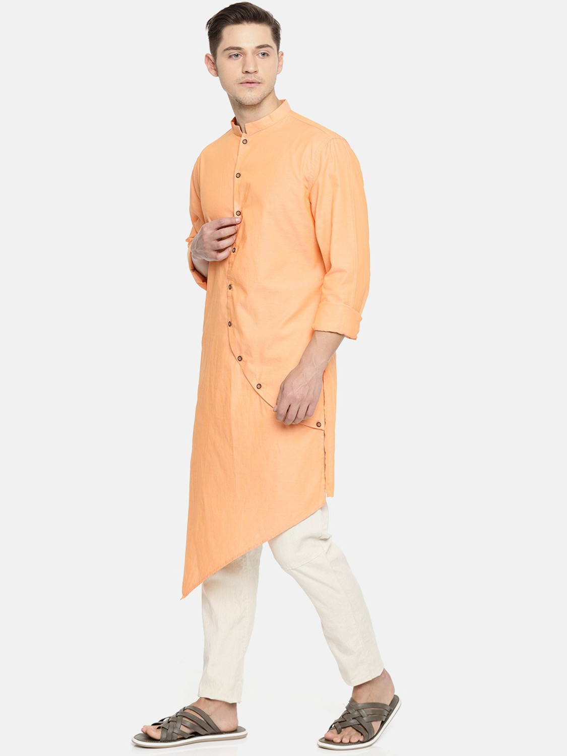 Image of Freehand Solid Pure Cotton Asymmetric Kurta for Men (Yellow)
