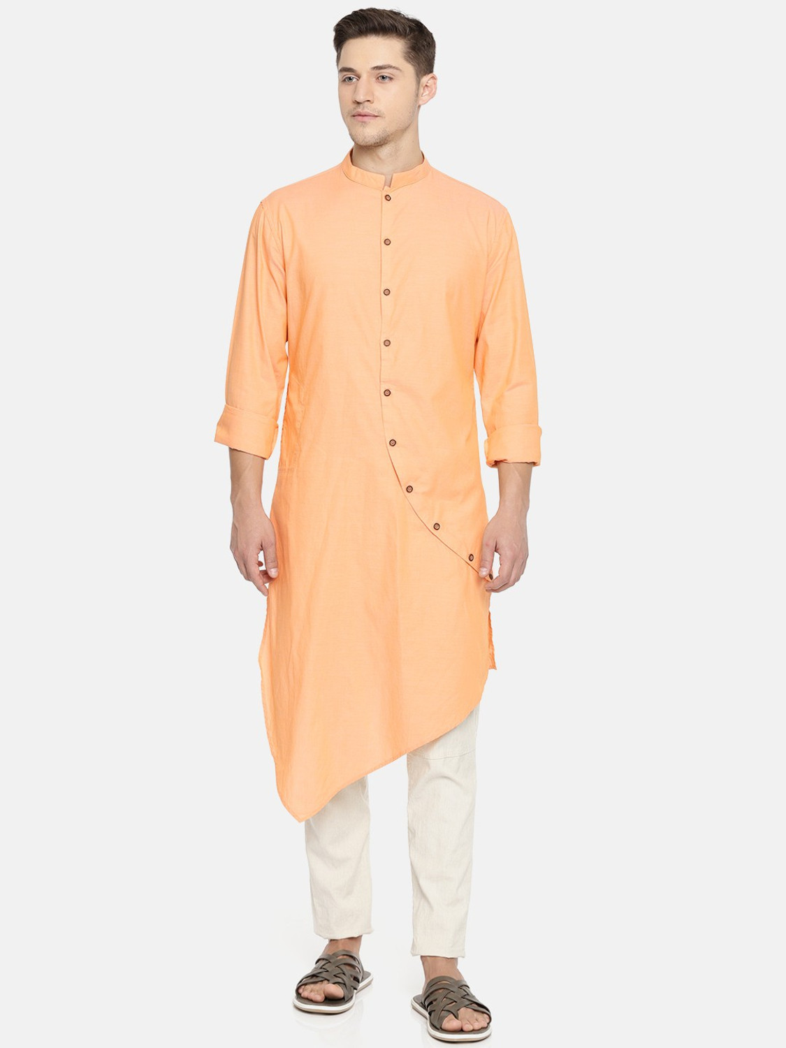 Image of Freehand Solid Pure Cotton Asymmetric Kurta for Men (Yellow)