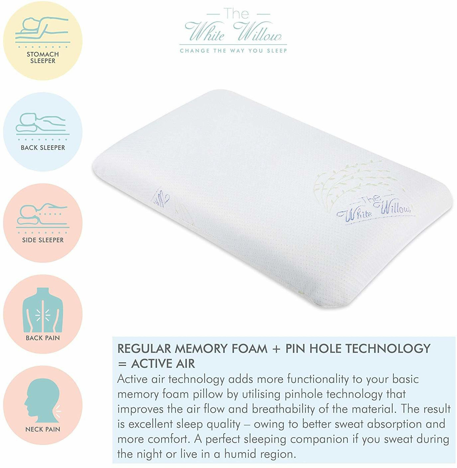 Image of The White Willow Memory Foam, Air Sleeping Pillow Pack of 1 Motifs King Size Neck and Back Pain Relief Ventilated Active