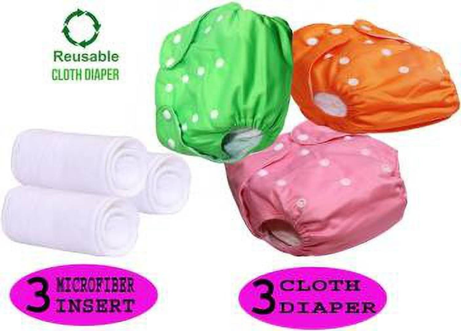 CHARMING STARS Newborn Baby Reusable Cloth Diapers, Washable Babies Diaper Nappies with Microfiber Insert- (0-24 Month, Inserts Included) - Pack of (3 Cloth Diapers+3 Inserts) 6 Pcs