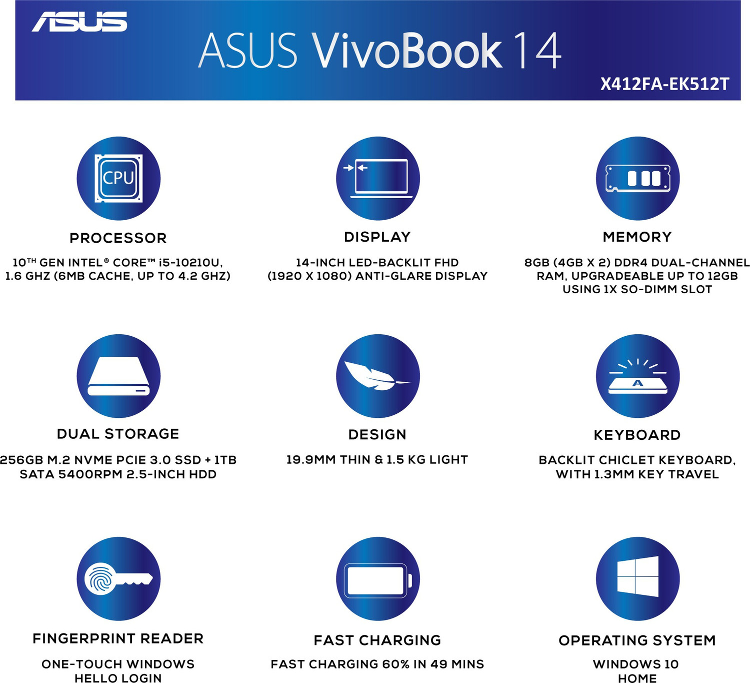 Image of ASUS VivoBook 14 Intel Core i5 10th Gen 10210U - (8 GB /1 TB HDD /256 GB SSD /Windows 10 Home) X412FA-EK512T Thin and Light Laptop