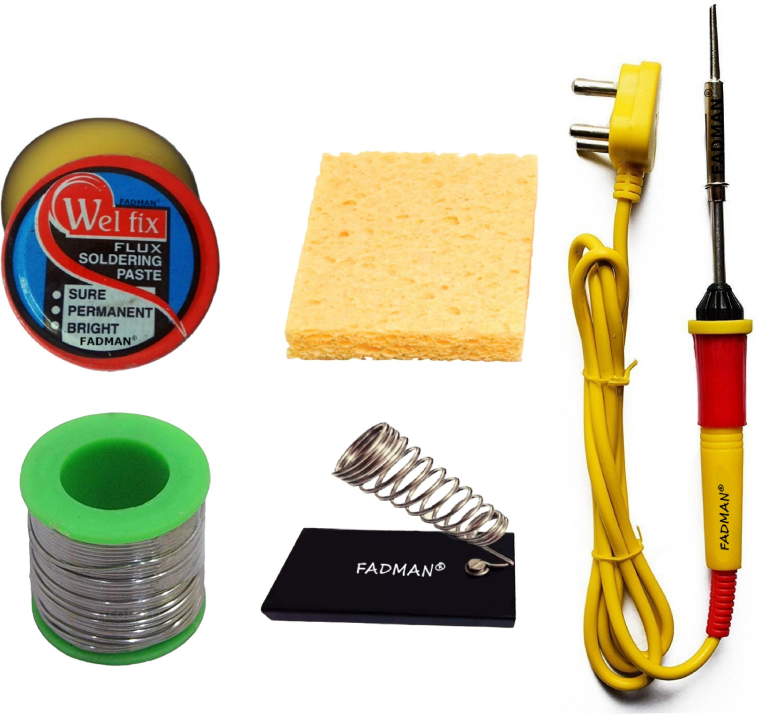 Image of FADMAN Basic Bundle Electric 25W Soldering Iron Kit - Set of 5 PK-5 | Soldering Iron Stand | Solder Wire | Sponge | Soldering Paste Flux | (Yellow+F+Red) Soldering Iron 25 W