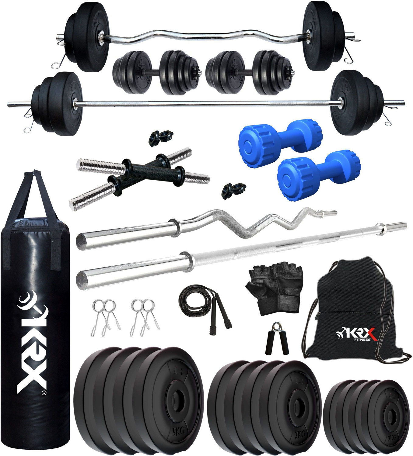 Image of KRX 50 kg PVC 50 KG COMBO 42 with Unfilled Punching Bag & PVC Dumbbells Home Gym Combo