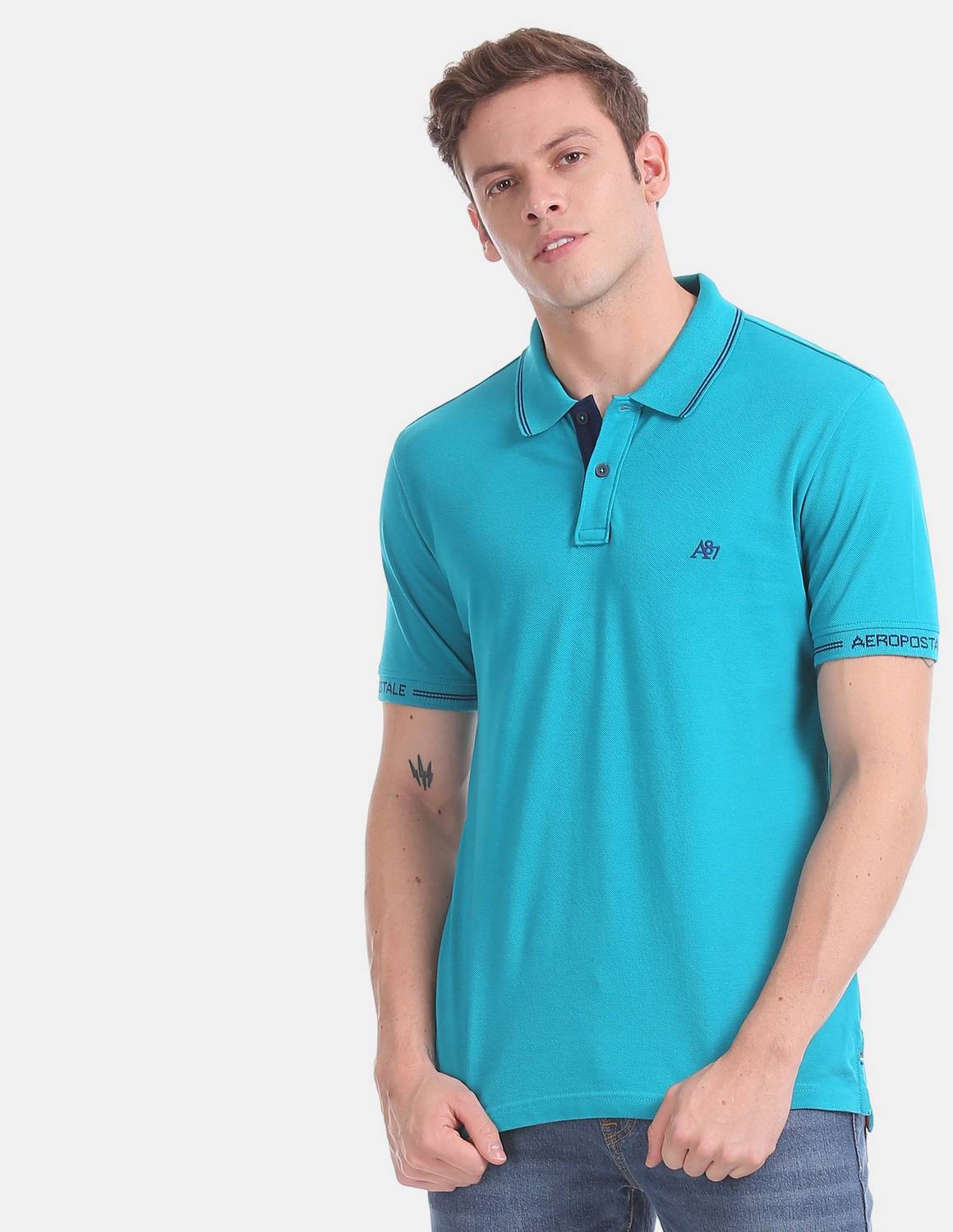 AEROPOSTALE Solid Men Polo Neck Blue T-Shirt