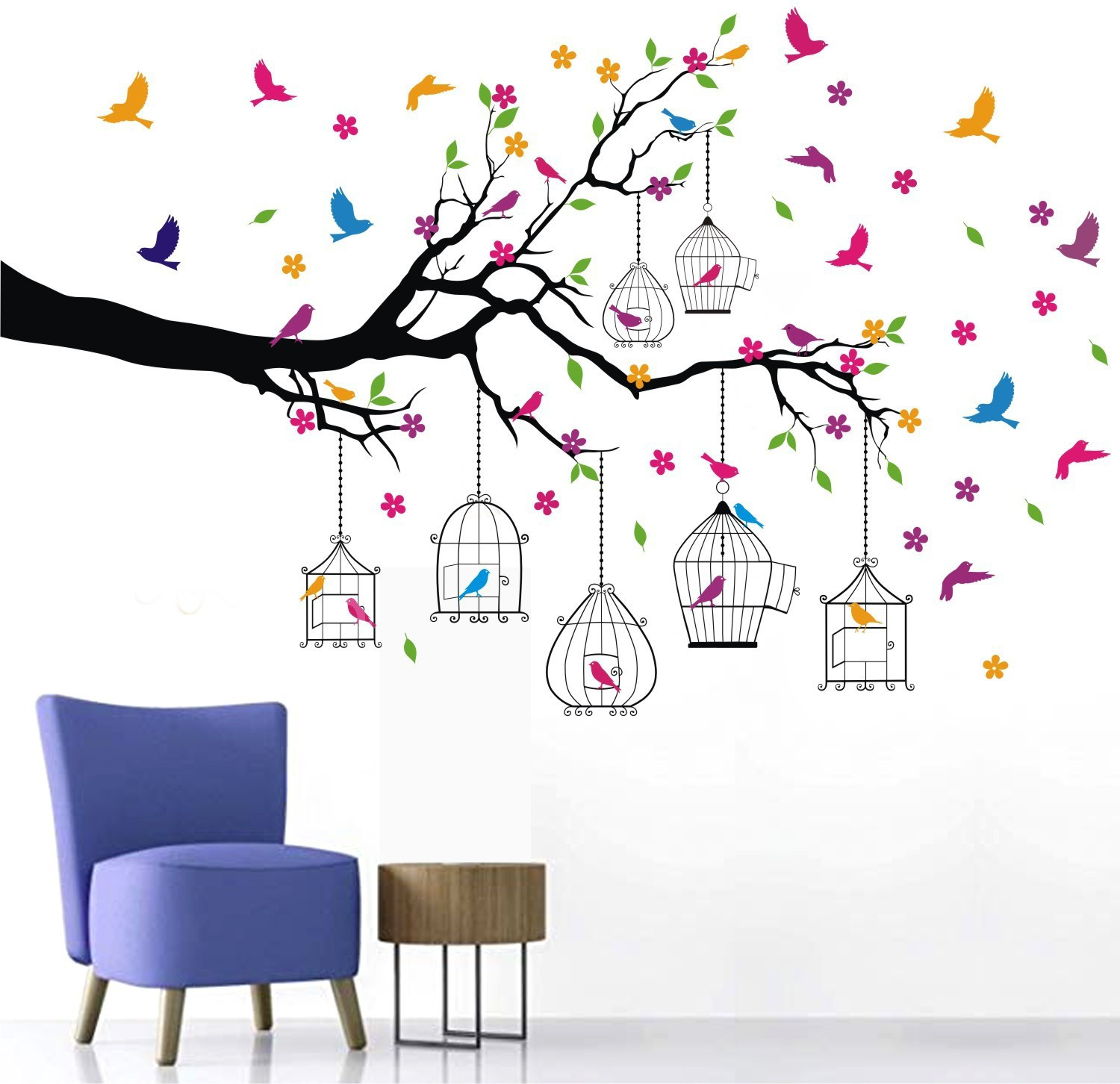 Image of WALL STICKS 150 cm Tree Birds Cage Branch - Flowers - Colourful - Decorative - Wall Sticker WS050 Non-Reusable Sticker