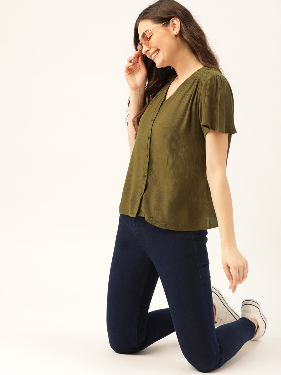 Image of Dressberry Casual Short Sleeve Solid Women Green Top