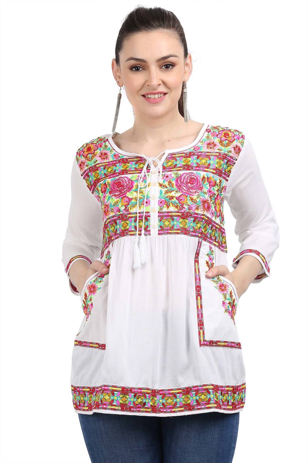 3SIX5 Casual 3/4 Sleeve Embroidered Women Multicolor Top