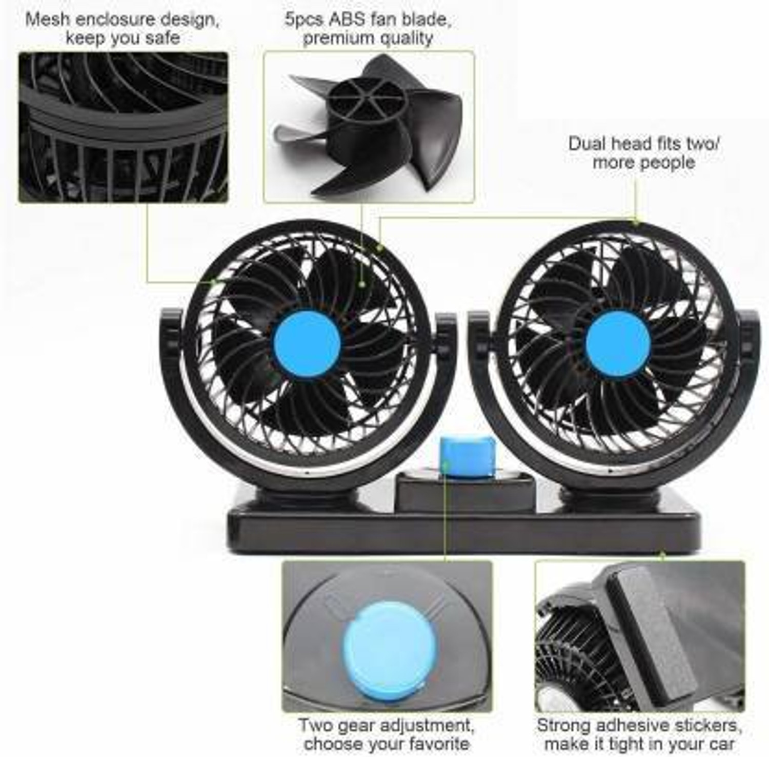 Image of KARDECK Car Fan 12V 360 Head 2 Speed Quiet Strong for All Auto Vehicles-A03 Car Interior Fan