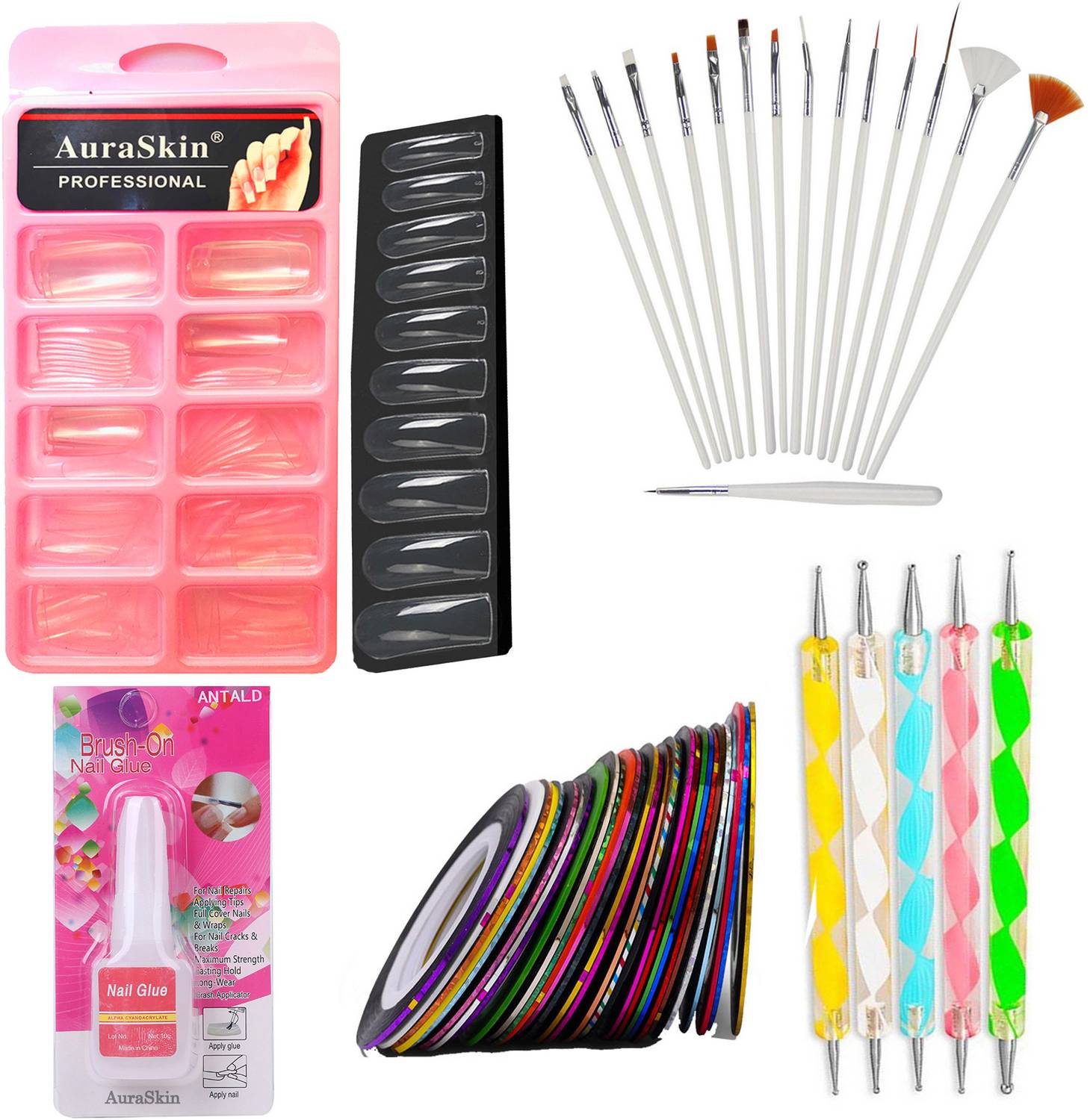 AuraSkin Super Quality salon Parlor Professional Nail Art Kit, 100* artificial nails, 5* Dotting Tools, 15*brush /set, 10ml* Glue, 12*Decorative Tape