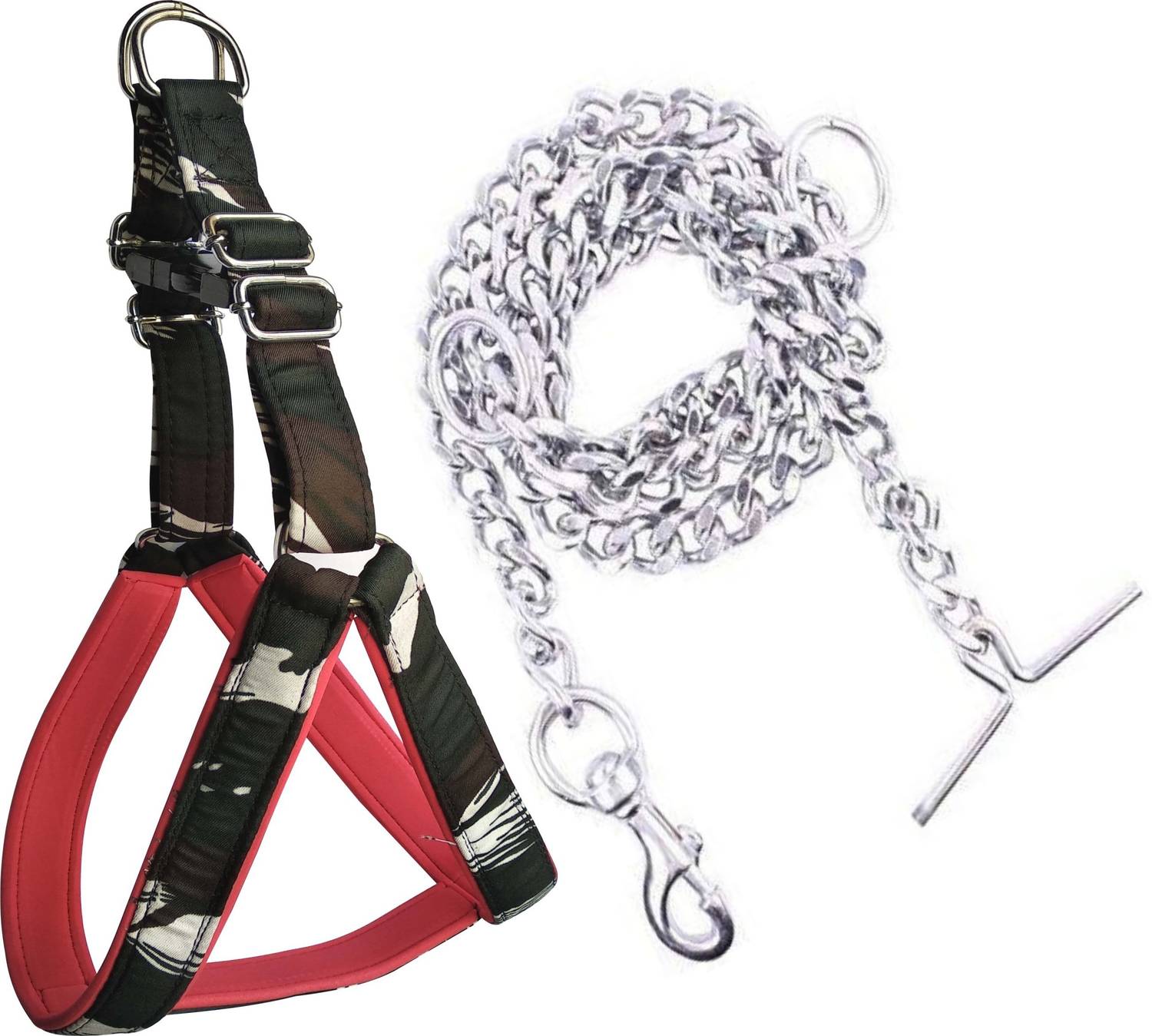 BODY BUILDING Nylon Padded Green Military Dog Body Harness with Dog Chain 1.5m Lengthy Dog Harness & Chain