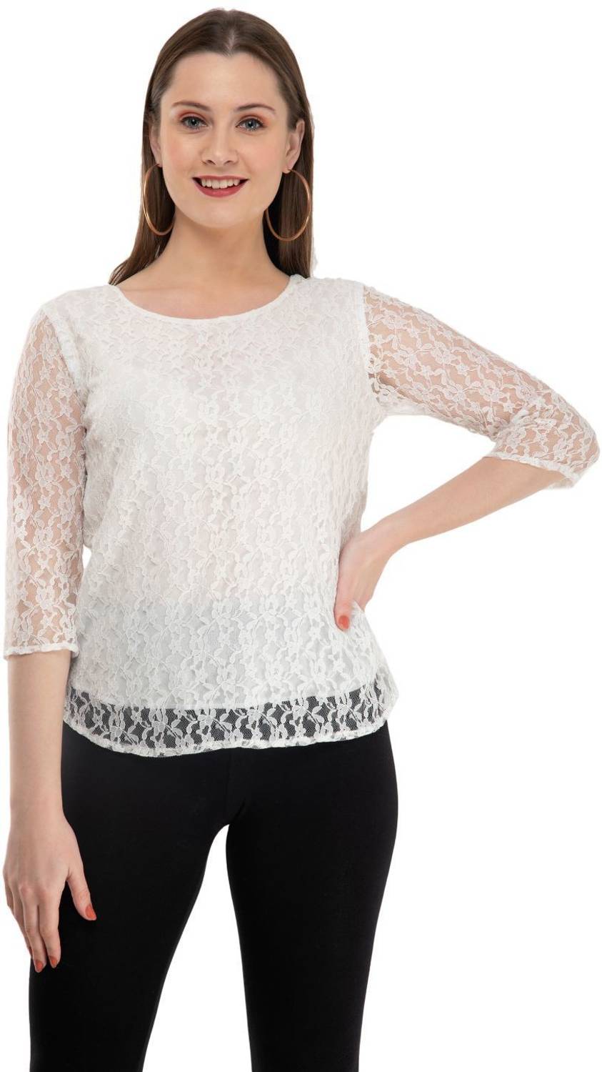 3SIX5 Casual 3/4 Sleeve Self Design Women White Top