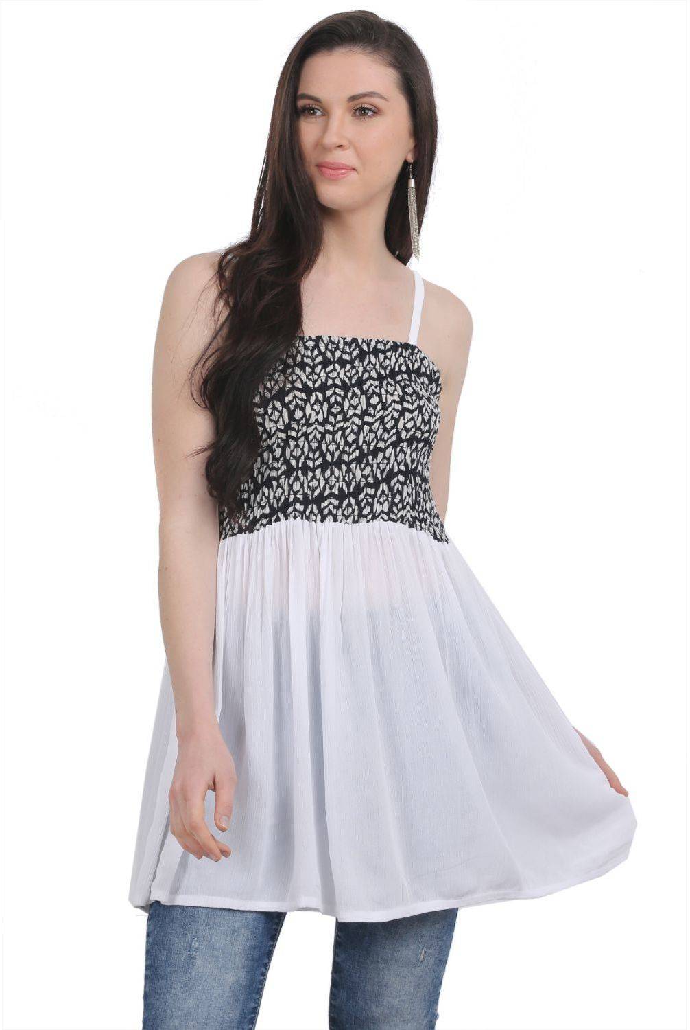 3SIX5 Casual No Sleeve Printed Women White Top