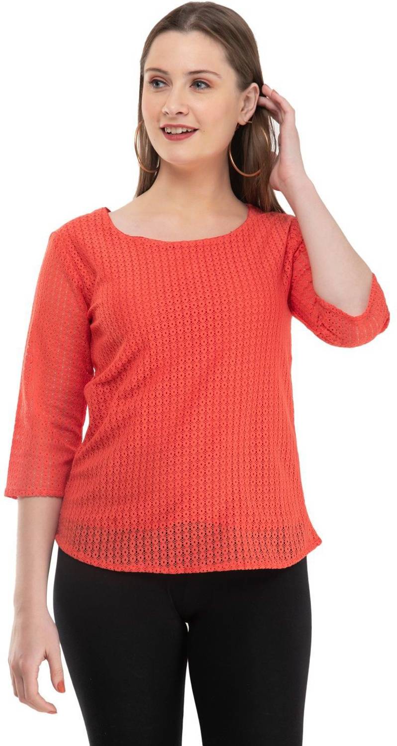 3SIX5 Casual 3/4 Sleeve Self Design Women Red Top