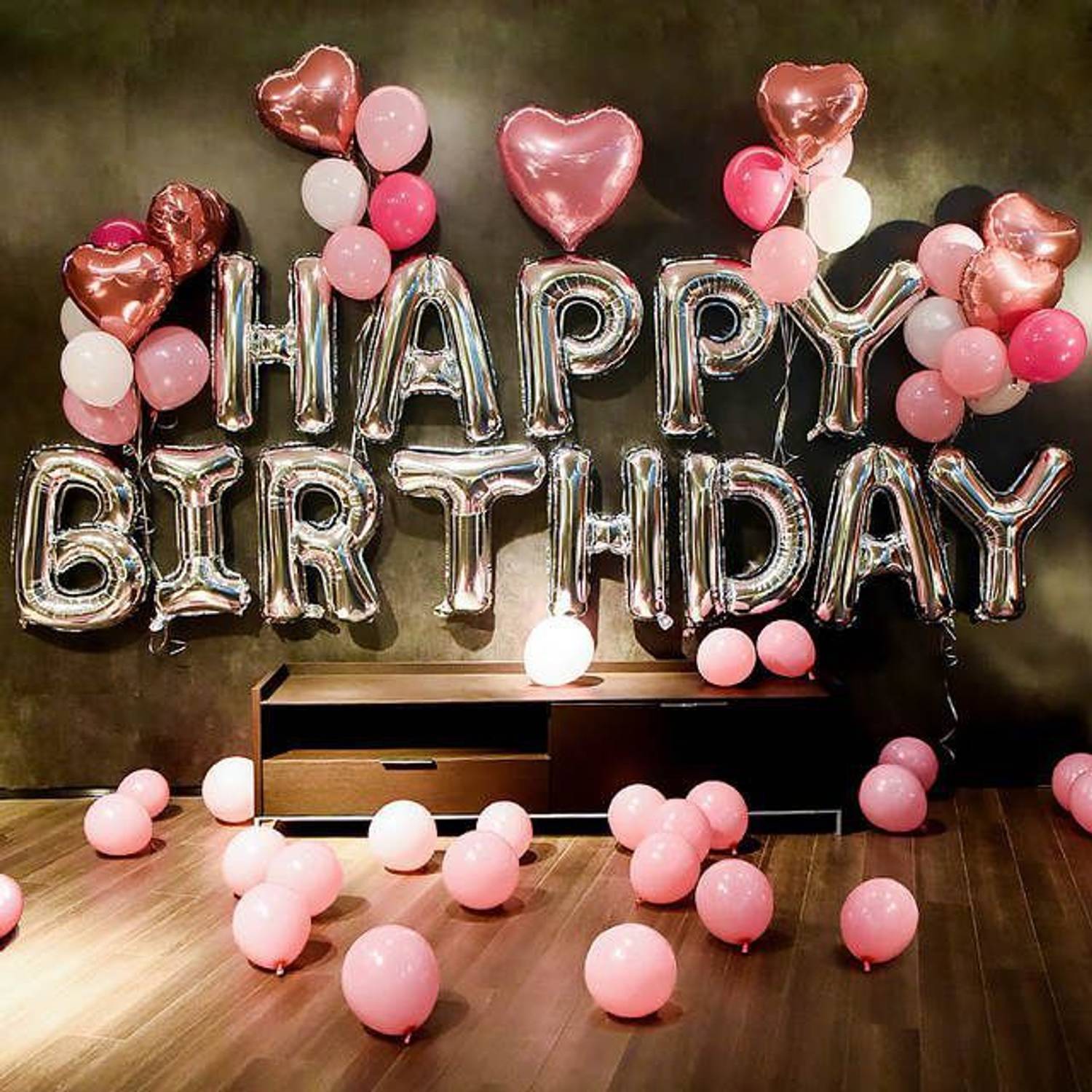 Bash N Splash Solid Silver & Pink Happy Birthday Party Decoration Pack with Star & Bottle Balloon (Pack of 68) Letter Balloon