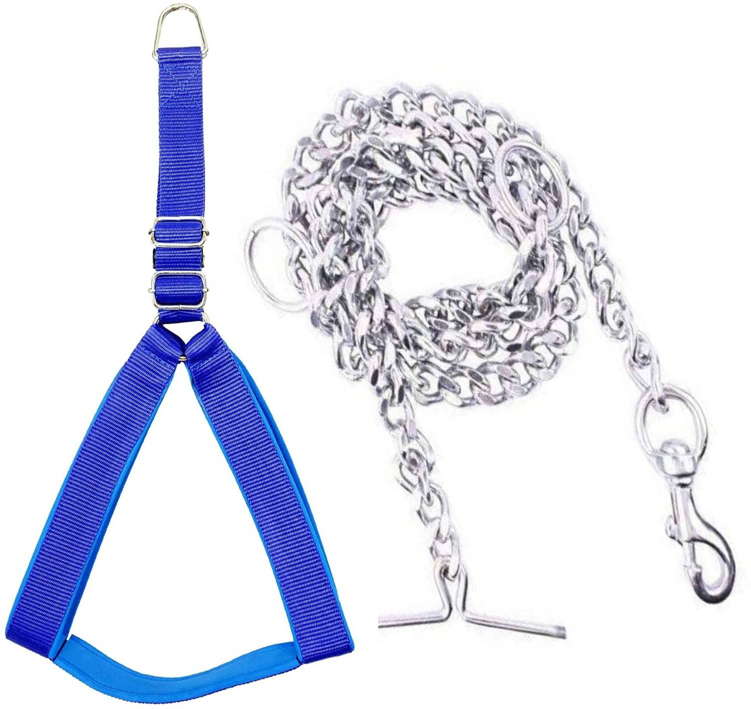 BODY BUILDING Good Quality Blue Nylon Padded 1 inch Dog Body Cross Harness with Dog Chain 1.5m Lengthy Dog Harness & Chain