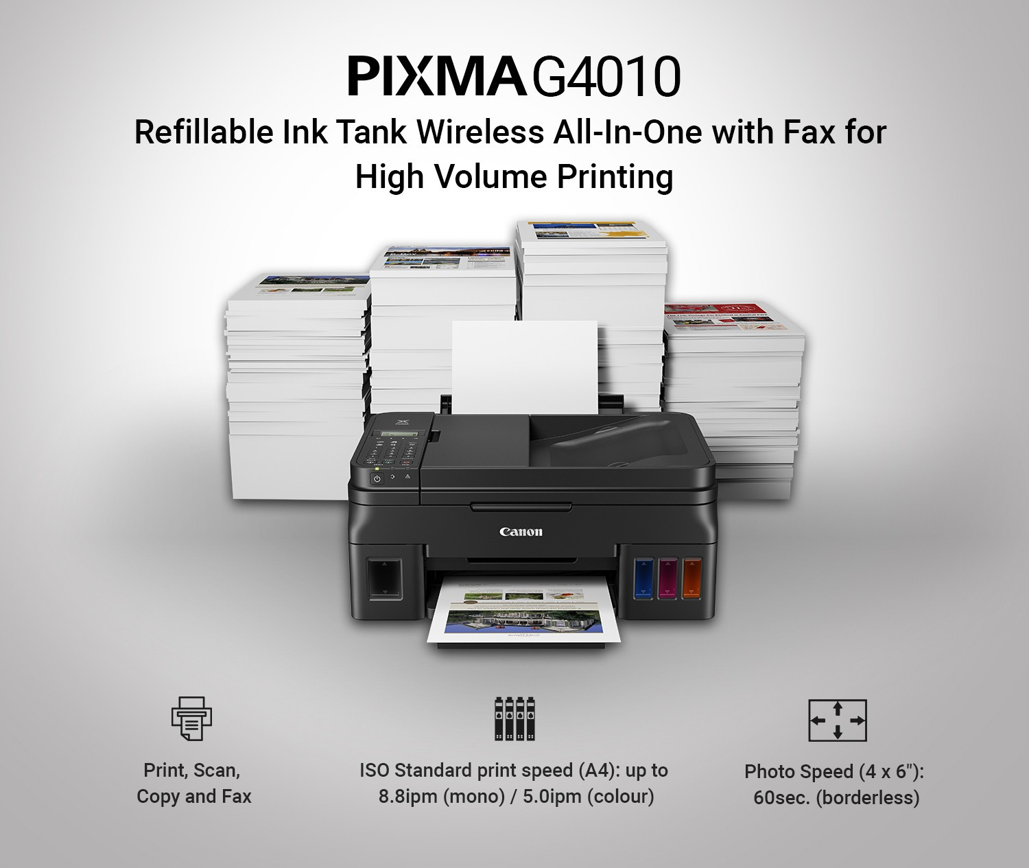 Image of Canon Pixma G4010 All in One Multi-function WiFi Color Ink Tank Printer (Color Page Cost: 0.21 Rs. | Black Page Cost: 0.08 Rs. | Borderless Printing)
