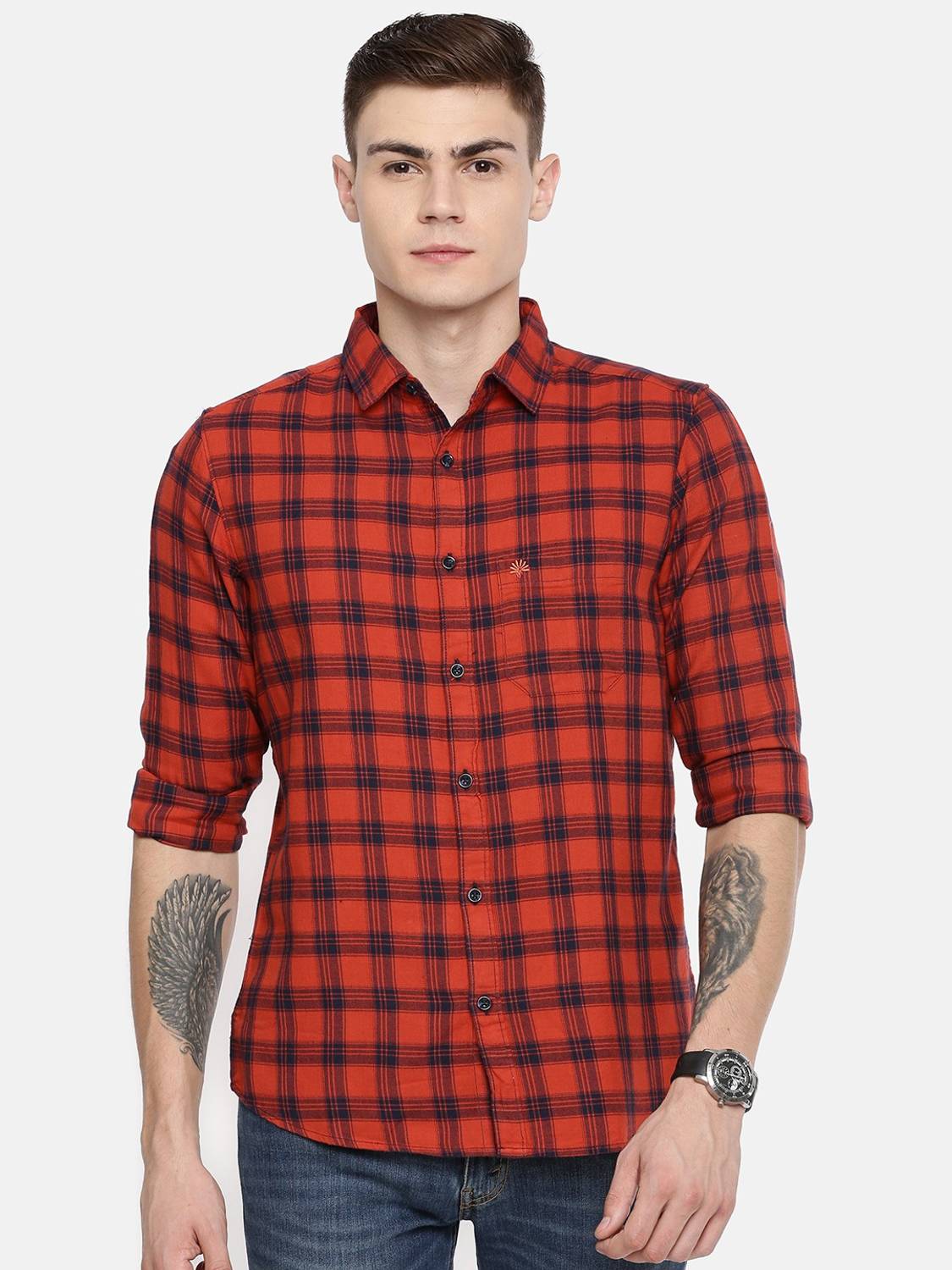Chennis Men Checkered Casual Black, Orange Shirt