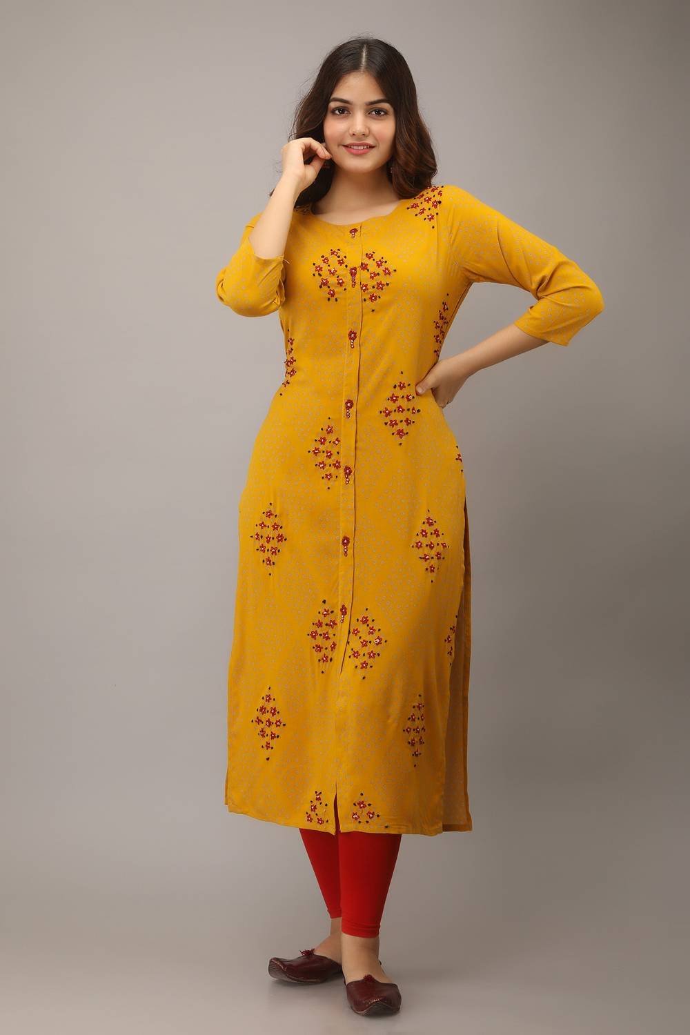 spera Women Embellished Viscose Rayon Straight Kurta (Yellow)