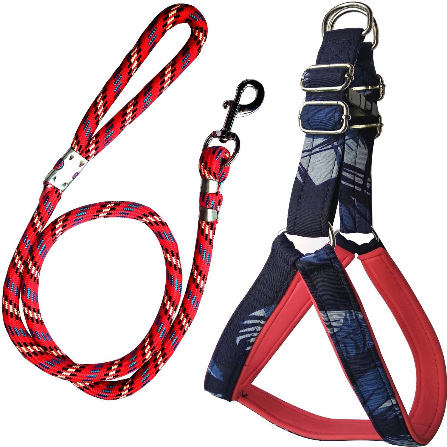 BODY BUILDING Good Quality Nylon Blue Military Padded Dog Body Cross Harness with Red Lead 1.5m Lengthy Dog Collar & Leash