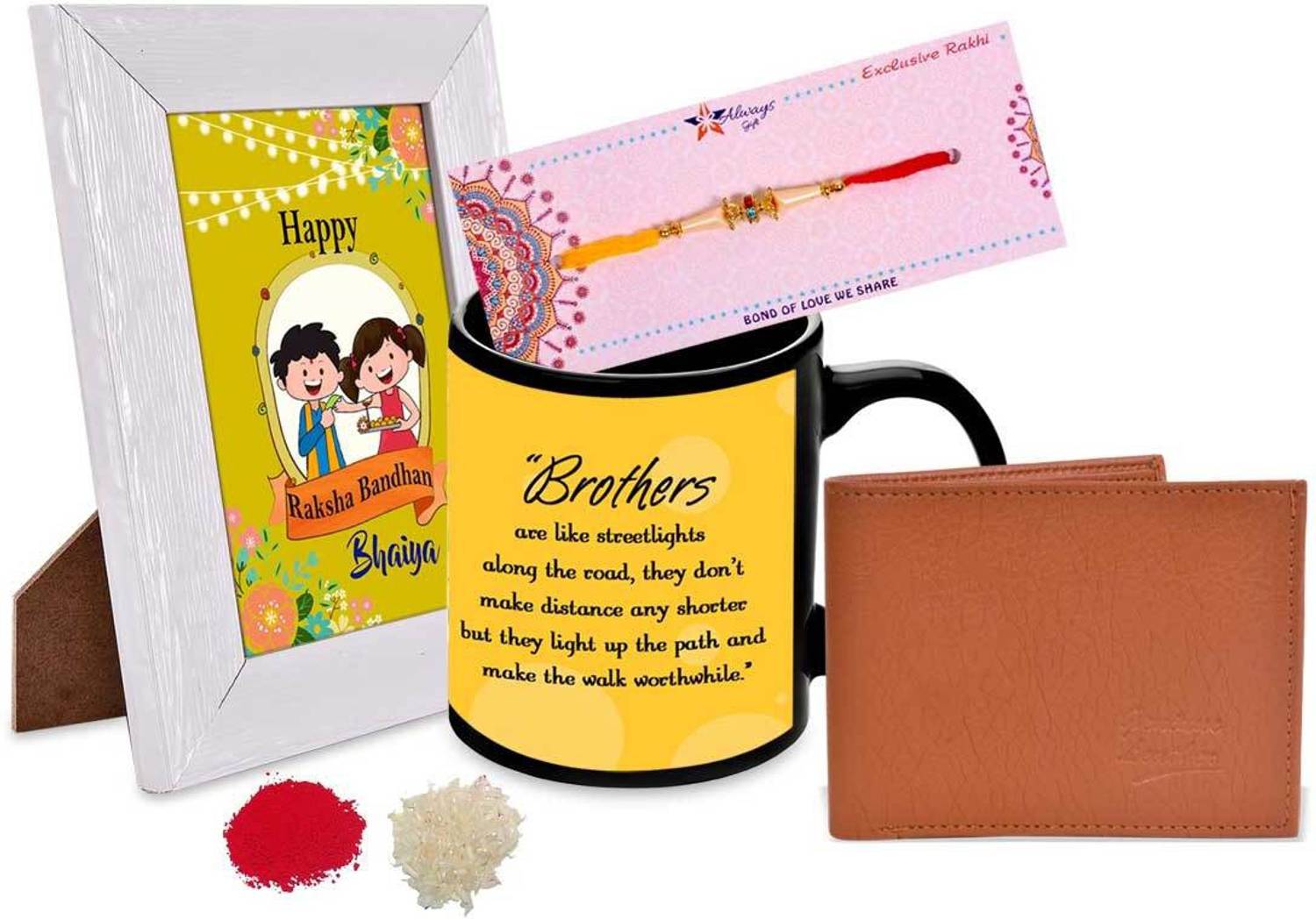 Designer RKH-20-03-WLT-FRM-MG-BRO-12 Assorted Photo Frame, Wallet, Chawal Roli Pack, Rakhi, Mug Set by alwaysgift