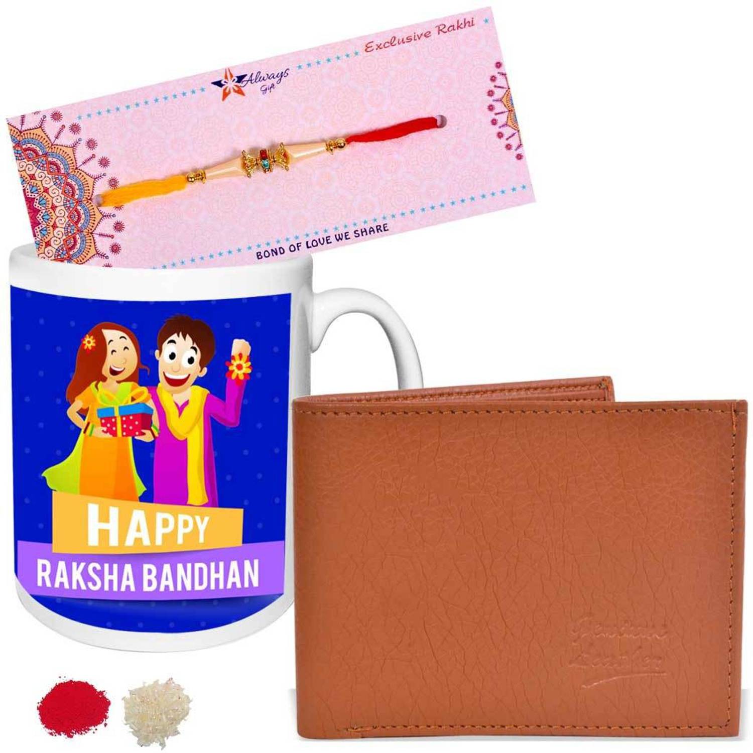 Designer RKH-20-03-WLT-MG-BRO-14 Assorted Wallet, Chawal Roli Pack, Rakhi, Mug Set by alwaysgift