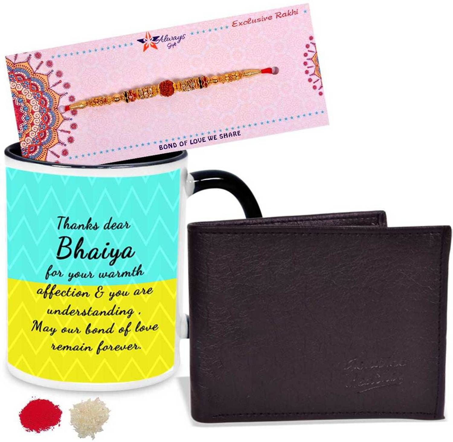 Designer RKH-20-01-WLT-MG-BRO-05 Assorted Wallet, Chawal Roli Pack, Rakhi, Mug Set by alwaysgift