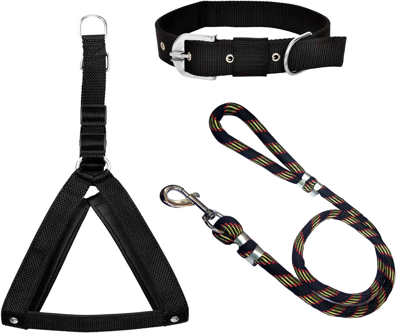 BODY BUILDING Dog Belt Combo of Black Nylon Padded Dog Body Cross Harness with Black Dog Collar with Black Lead 1.5m Lengthy Dog Harness & Leash