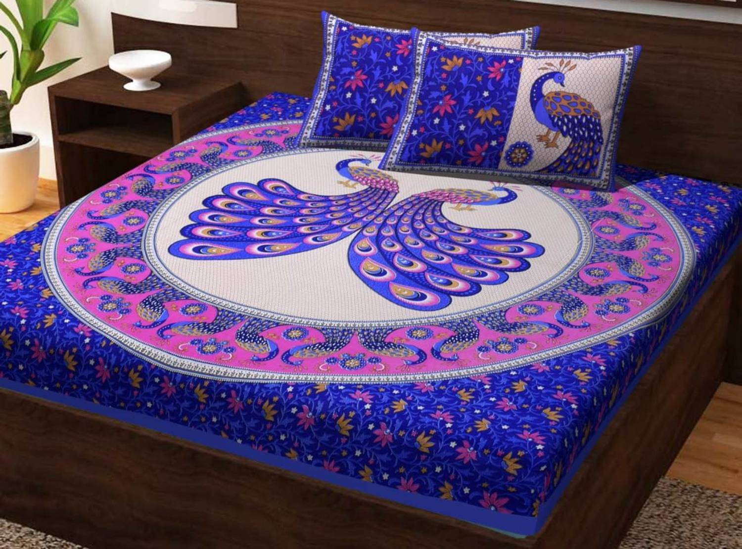 BELLAGENCE Cotton Queen Flat 170 TC Printed 1 Bedsheet with 2 Pillow Covers