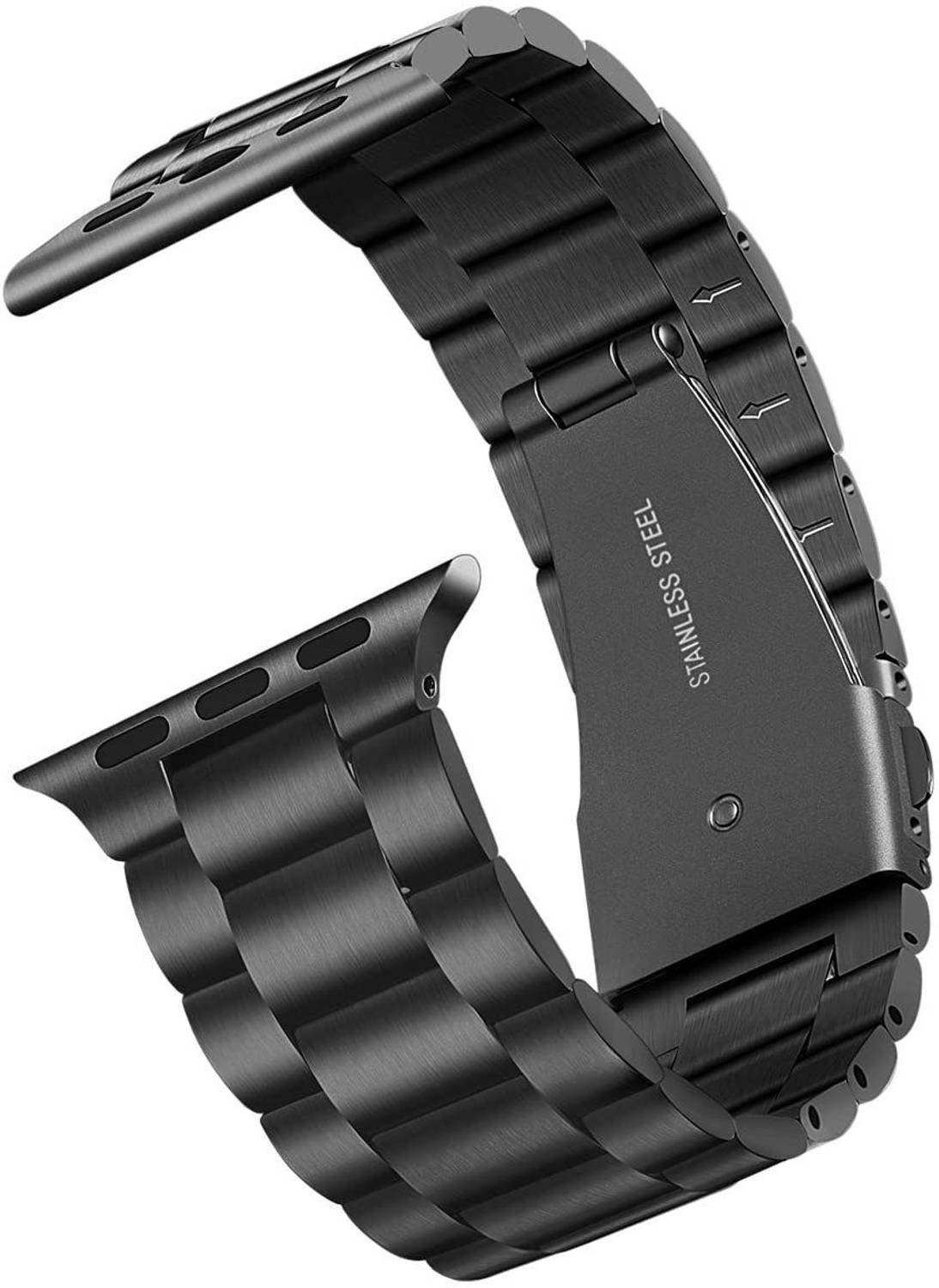 CHG iWatch Straps 42mm Stainless Steel Metal Chain Butterfly Closure lock Strap with Folding Metal Claps Classic Buckle Wrist Watch 42mm / 44mm for iWatch Band Series 1/ Series 2/ Series 3/ Series 4/ Series 5 (Jet Black) WATCH NOT INCLUDED ONLY BAND Smart Watch Strap