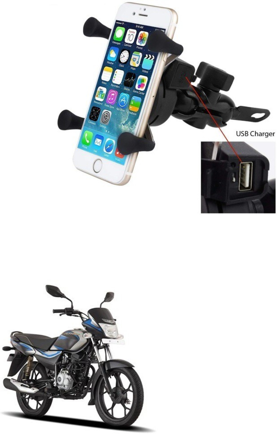 Image of Znee Smart X-Grip Bike Mobile Charger & Phone Holder (5V-2A Black) -Bajaj Platina 110 Bike Mobile Holder