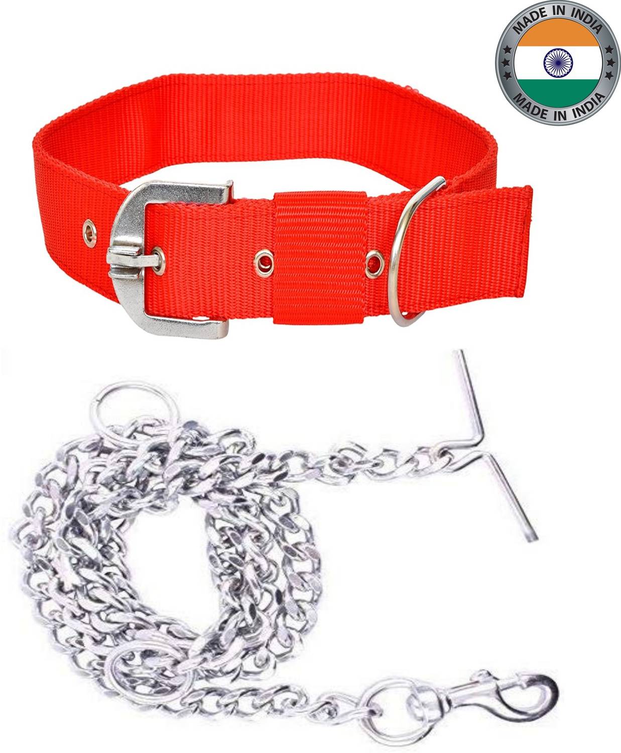 BODY BUILDING Dog Belt Combo of 1.5 inch Red Dog Collar Belt with Dog Chain Specially for Big Dogs 1.5m Lengthy Dog Collar & Chain
