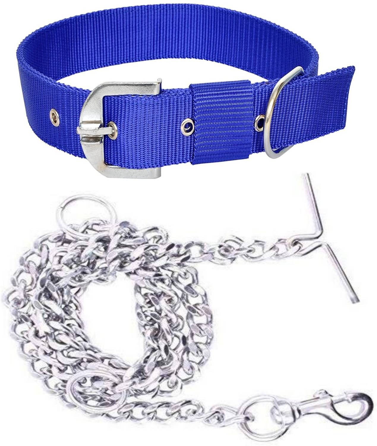 ADIOS Dog Belt Combo of 1.5 inch Blue Dog Collar Belt with Dog Chain Specially for Big Dogs 1.5m Lengthy Dog Collar & Chain