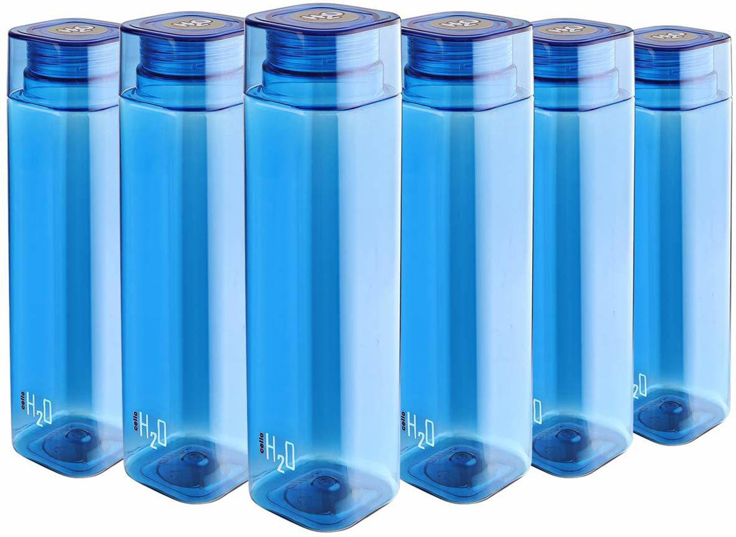 cello H2O Squaremate Plastic Water Bottle, 1-Liter, Set of 6, Blue 1000 ml Plastic Bottle