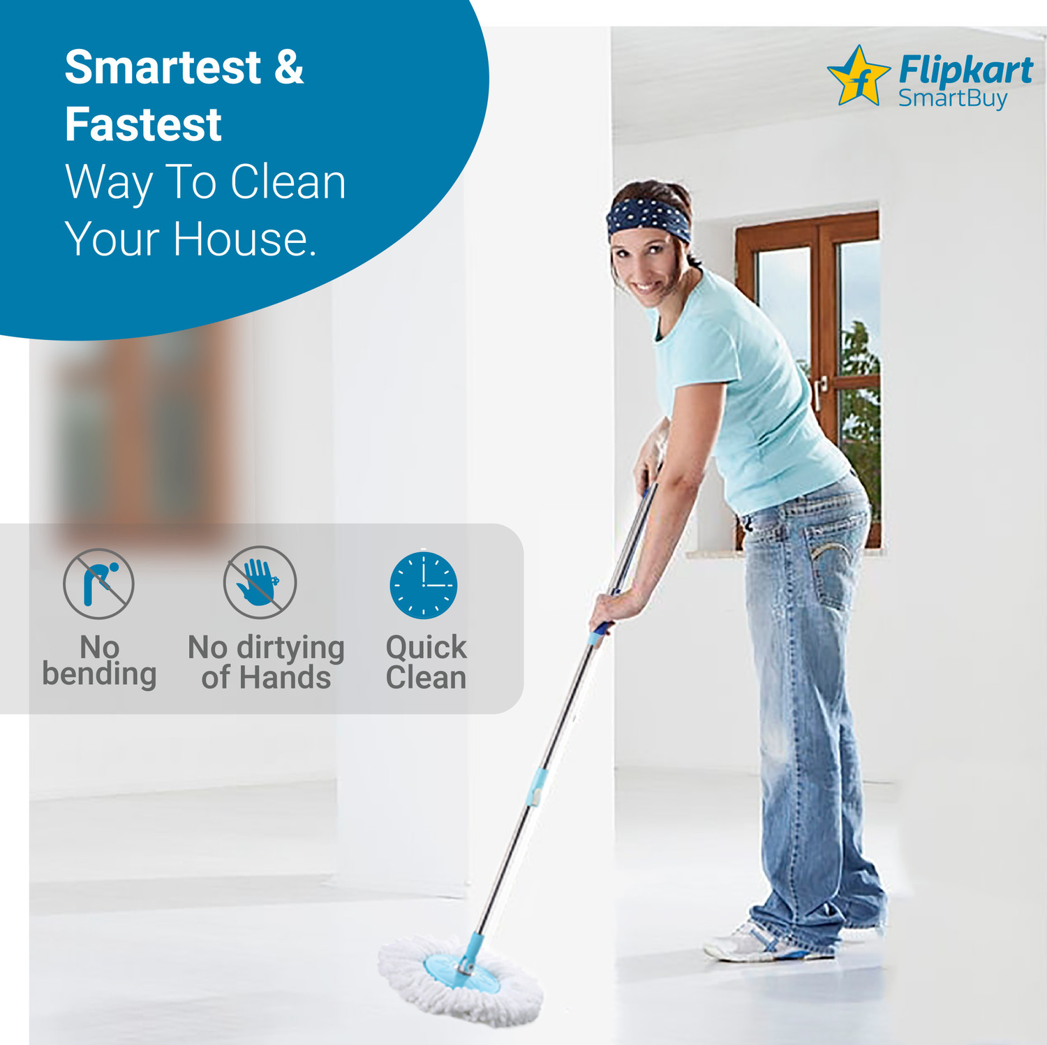Image of Flipkart SmartBuy Mop Stick Blue Mop Head and Rod