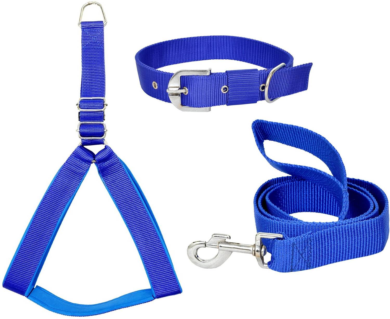 BODY BUILDING Dog Belt Combo of Blue Nylon Padded 1 inch Dog Body Cross Harness with Blue Dog Collar with Blue Leash 1.5m Lengthy Dog Harness & Leash