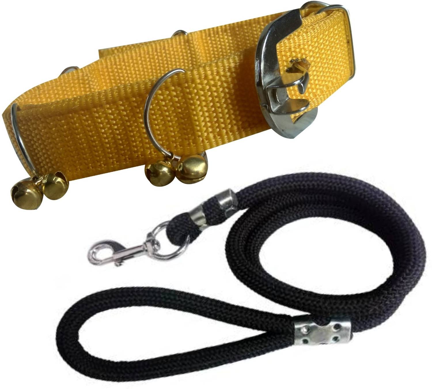 ADIOS Dog Belt Combo of Yellow Ghungroo Dog Collar with Black Lead 1.5m Lengthy Dog Collar & Leash
