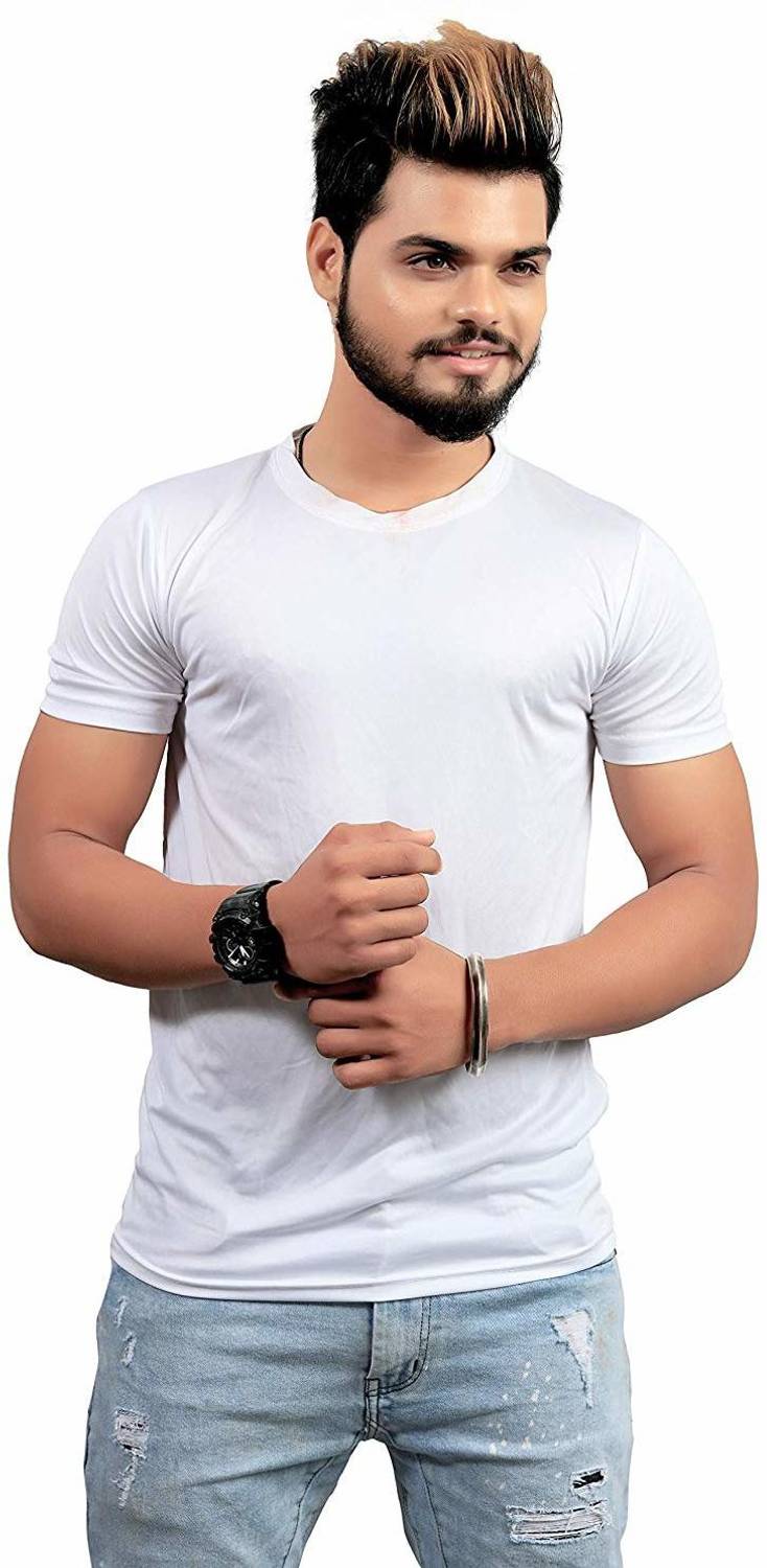 WEAR ESSENCE Solid Men Round Neck White T-Shirt