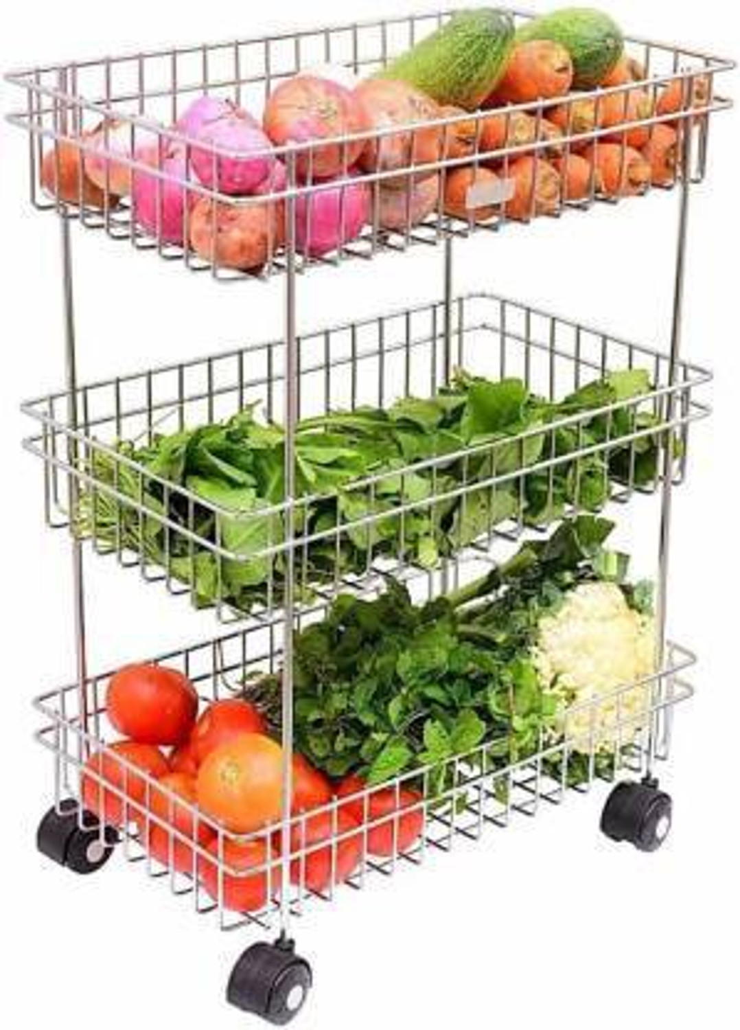 Image of Exiito kitchen 3 Layer Stand for Kitchen Fruit Vegetable Stand Storage Trolley Stainless Steel Kitchen Trolley Stainless Steel Kitchen Trolley