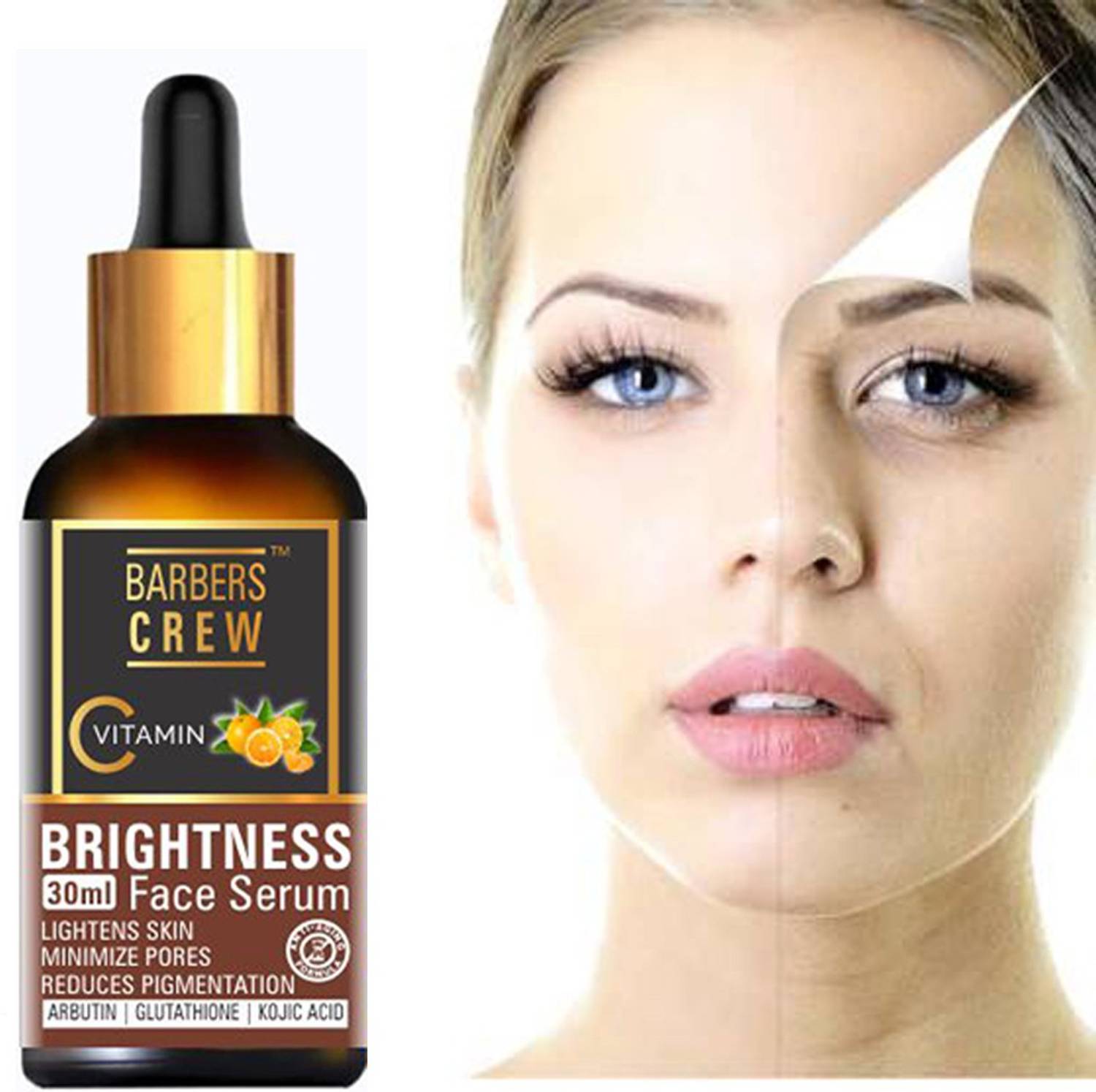 Barbers Crew Vitamin C 20%- Skin Facial Serum - Brightening, Anti-Aging Skin Repair, Supercharged Face Serum, Dark Circle, Fine Line & Sun Damage Corrector, Genuine 20%, Glass Bottle